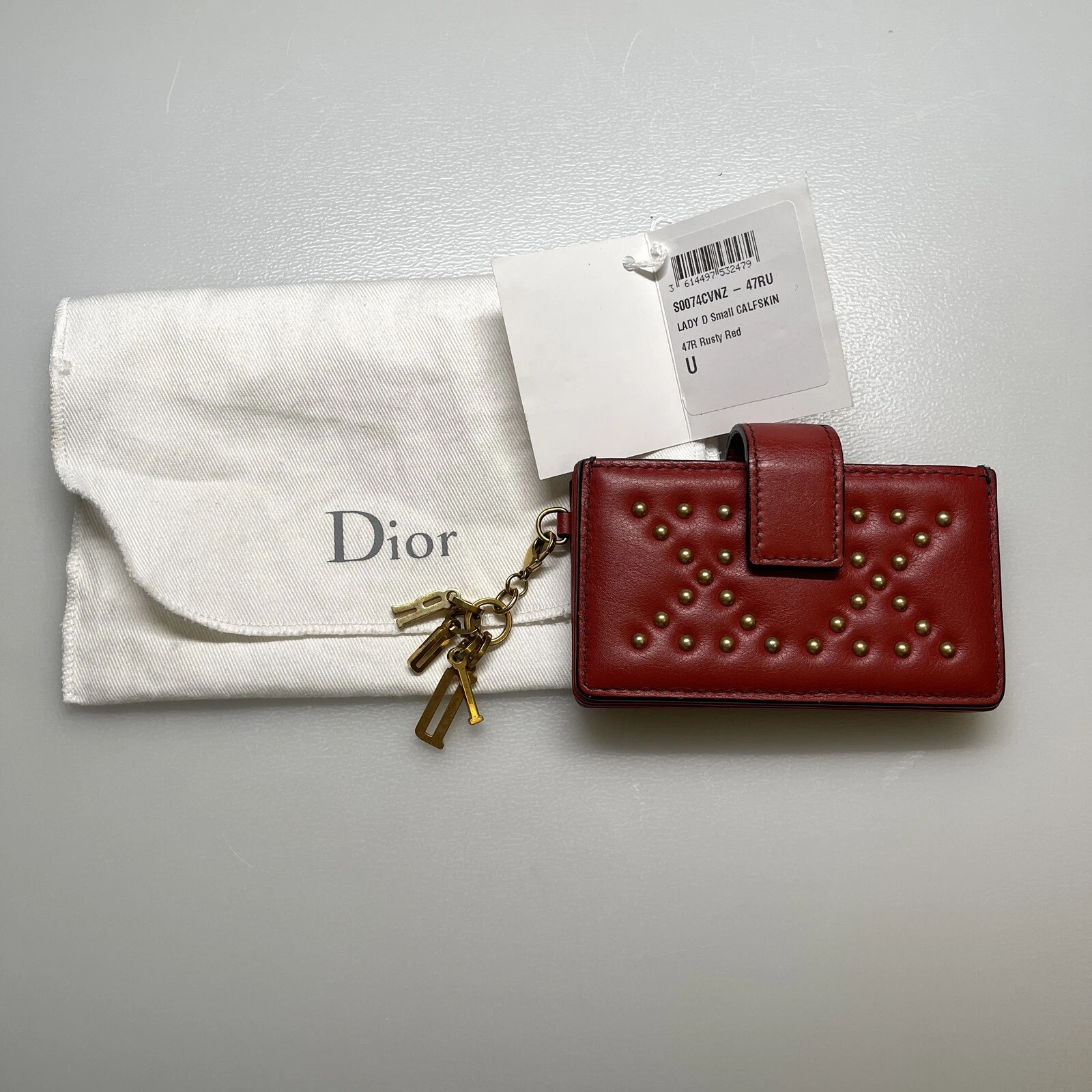 CHRISTIAN DIOR Porte Carte Portefeuille 5 Cartes Peau d'Agneau Clouté Cannage Petite Lady Dior Rouge
