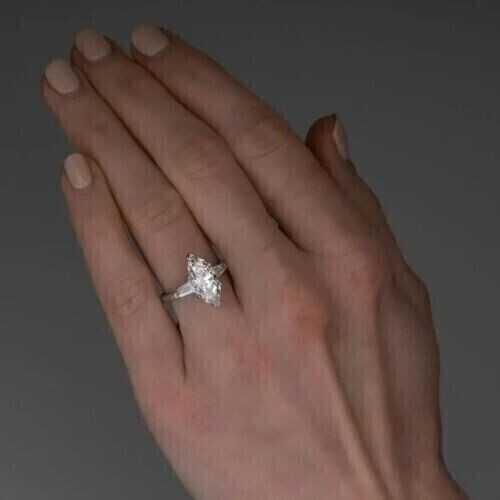 2Ct Marquise Cut Real Moissanite Solitaire Engagement Ring 14k White Gold Plated - Bild 4 von 6