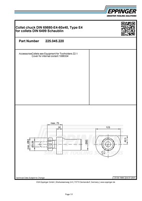 VDI60, Collet chuck, Type E4 for collets ER40 DIN 6499 Schaublin, 225.045.220