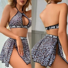 Women Lace Sexy Lingerie Set Babydoll Underwear Bakcless Halter Top & Mini Skirt