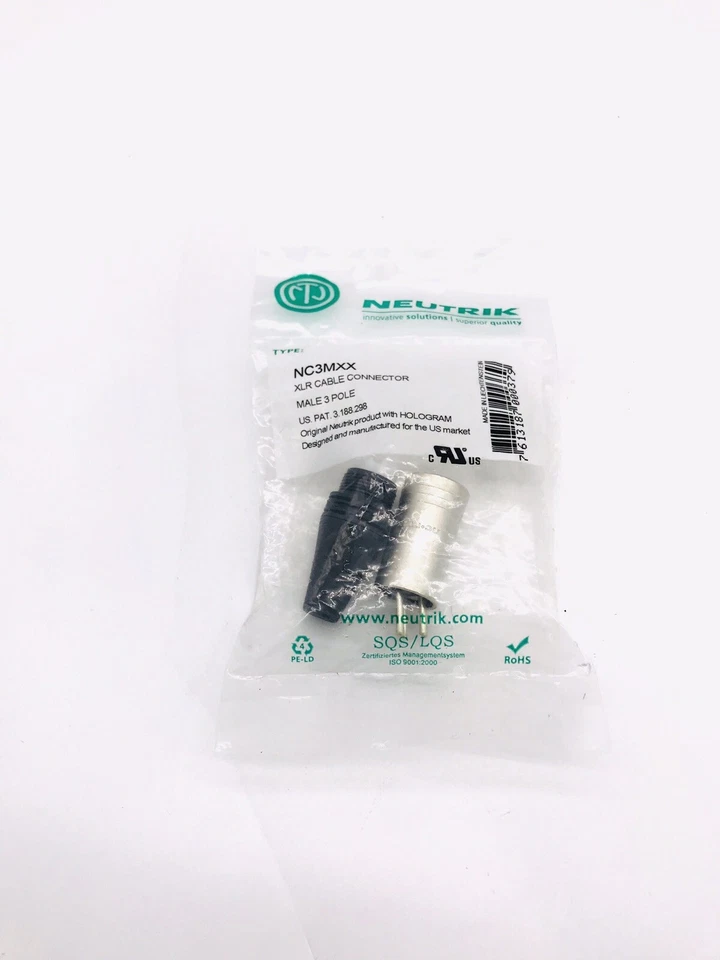 Neutrik NC3MXX-BAG 3 Pin Male XLR Cable Connector Black Housing Silver Contacts - Image 2 of 2