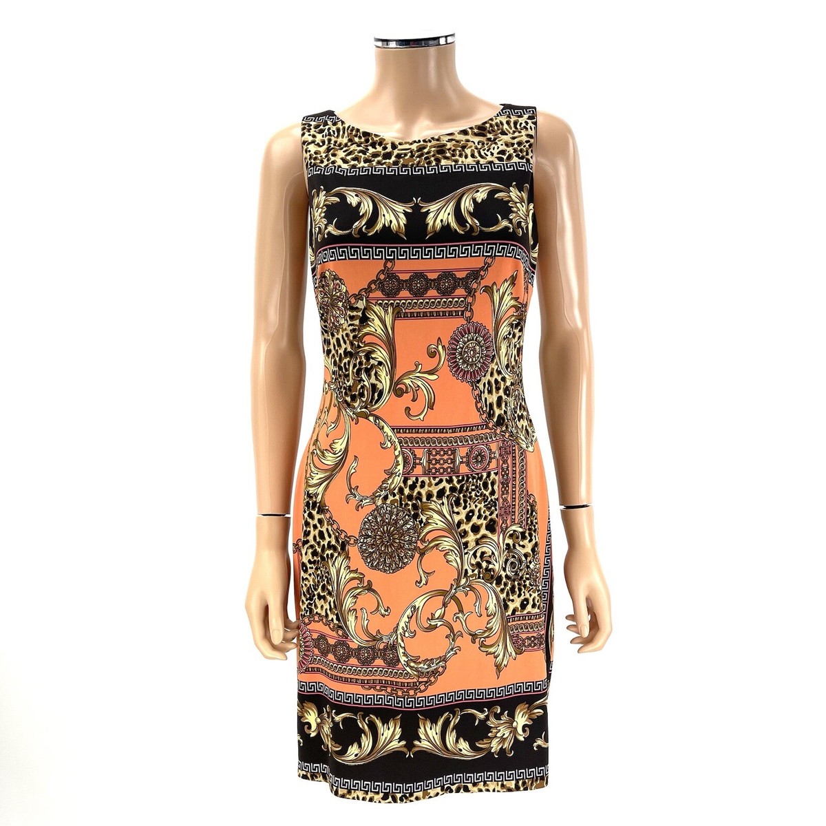 CACHE Sleeveless Sheath Dress SIZE Coral Cocoa Leopard Gold