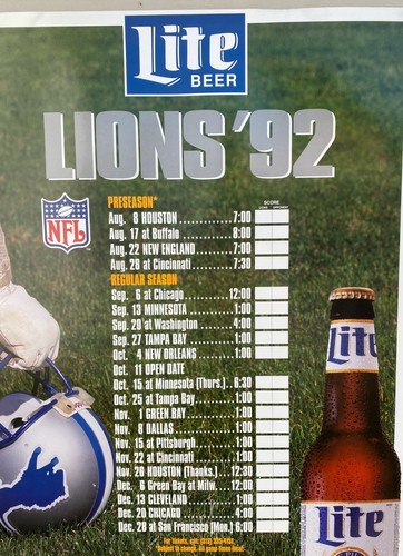 Vtg 1992 DETROIT LIONS Miller Lite Beer 20x30 Poster Board Schedule NFL - Picture 3 of 5