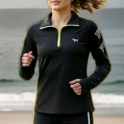 VS PINK Size M Quarter Zip Pullover Reflective Logo Thumbhole Running Activewear