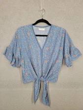 Max Studio Blue Floral Tie Front Top Medium Short Sleeve Cropped Boho Blouse