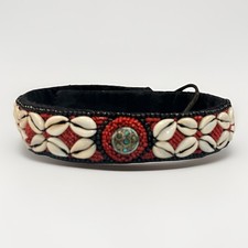 Vtg Tribal Belt Cowrie Shell Medallion Brass W/Turquoise Inlay Red Black Beads