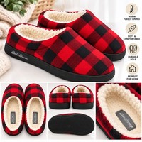 Mens Slippers Warm Fleece Lined Check Slip On Indoor House Shoes Red Black NEW