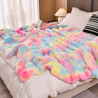 Faux Rabbit Fur Blanket Reversible Fleece Mink Throw Blanket 71'' x 79'' Full Size