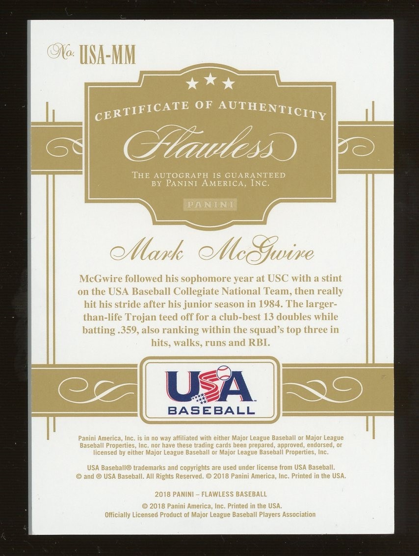 2019 Mark McGwire Panini Flawless USA-MM 6/10 AUTO view 2