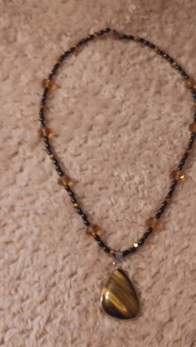 Tiger's Eye Teardrop Pendant Charm Beaded Ball Chain Necklace, Brown/Black