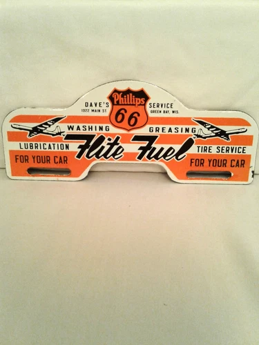 Vintage Phillips 66 Porcelain License Plate Topper, 4" x 10", 1940's - 1950's