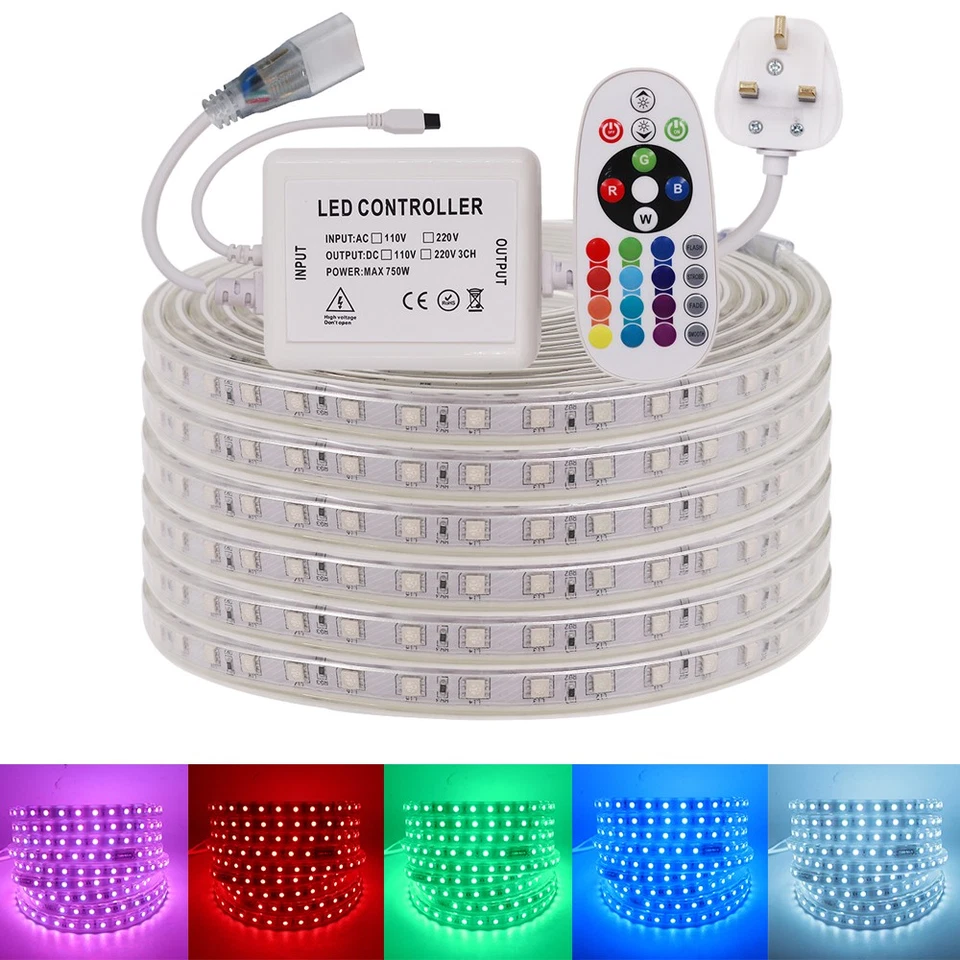 LED Strip Lights 220V 240V 5050 SMD IP67 Waterproof Tape Rope RGB White +UK plug - Image 2 of 4