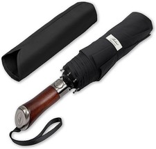 Travel Folding Umbrella with 46 Inch Diameter, Black Real Wood Handle