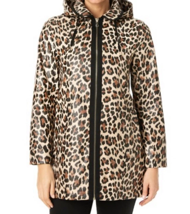NEW Kate Spade Women s Hooded Zip Front Leopard Matte A line Rain Jacket S
