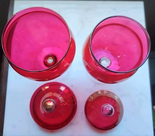 Vintage Cranberry Red Glass Pedestal Candy Dish Lot Of 2 Vanity Jar w Lid - Picture 9 of 15