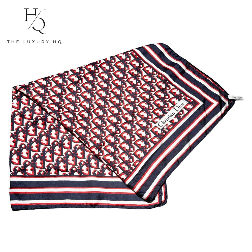 Authentique écharpe châle trotteur CHRISTIAN DIOR rouge et marine d'occasion [LHQ349]