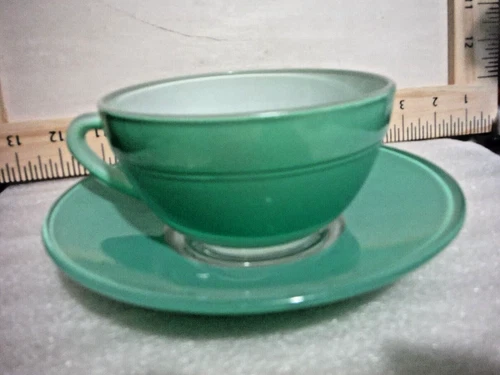 Vintage Duralex France Light Green 1960's glass Cup and Saucer Clear Ring