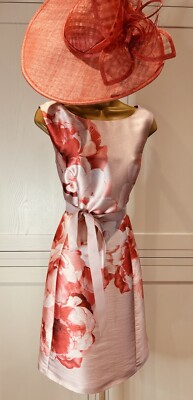 Précis Petite UK 14 Pink/Coral Red Satin Floral Fit Flare