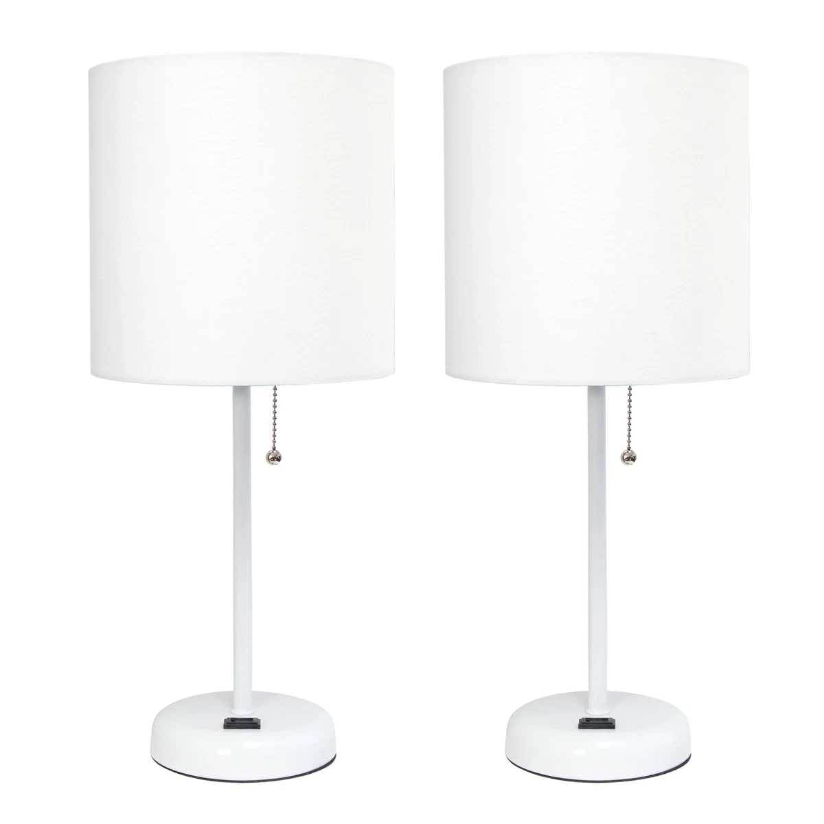 LimeLights White Stick Lamp with Charging Outlet and Fabric Shade Two Pack Set