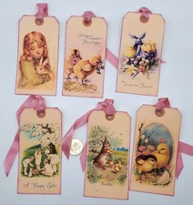 6 Easter Handmade Vintage Linen Cardstock Gift Tags Parties Crafts Journal