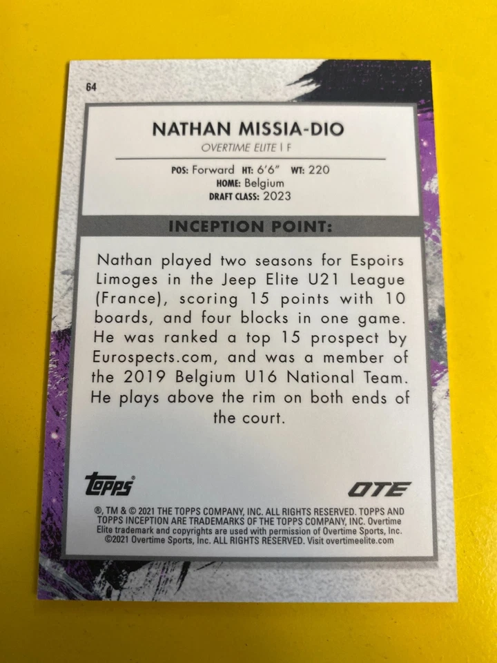 64946 21-22 Topps Inception Overtime Elite Magenta #64 Nathan Missia-Dio RC #/99 - Image 2 of 3