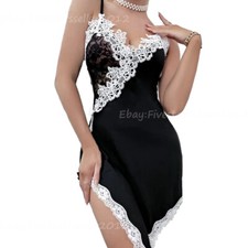 Women V Neck Spaghetti Strap Contrast Lace Babydoll Chemise Nightgown Nightdress
