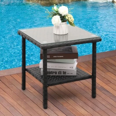 Outdoor Side Table, Black Patio Rattan Coffee Table with Glass Top Square Table - Image 1 of 4