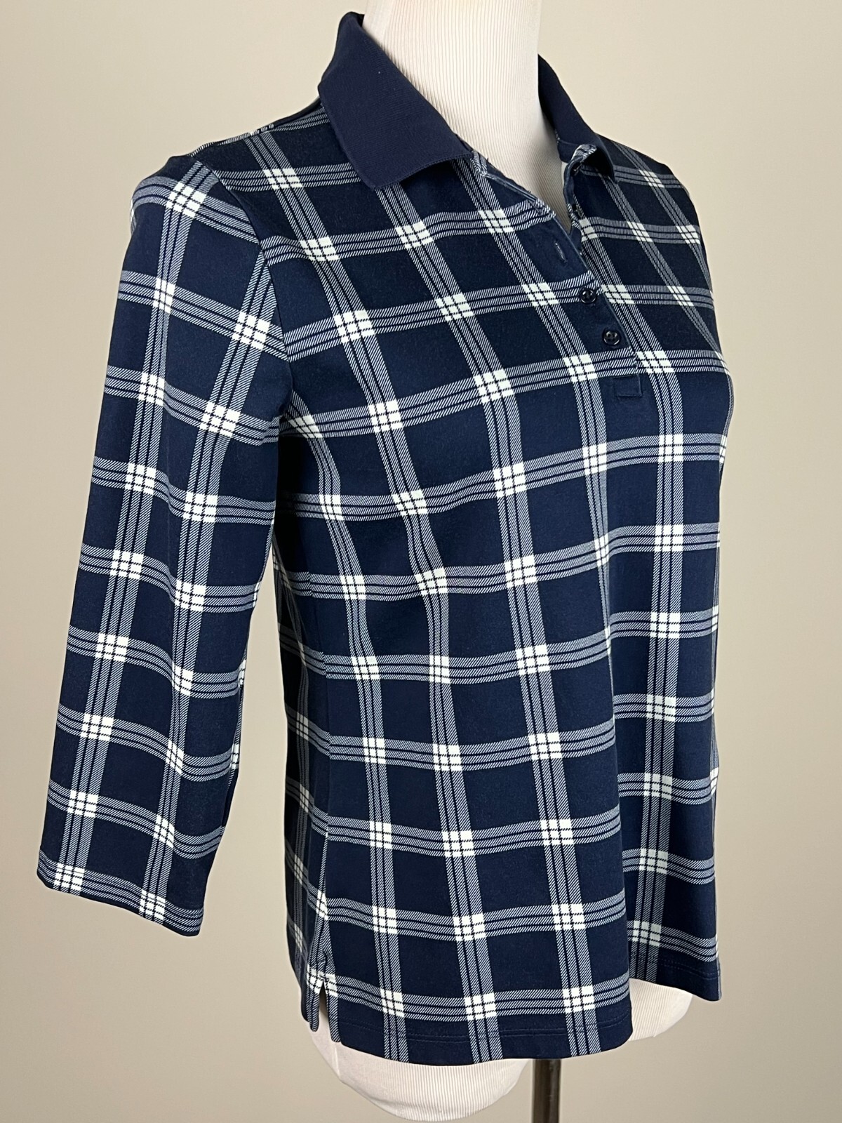 LANDS' END Petites 3/4sl 'Supima Cotton PLAID Polo Shirt' SP, Navy White eBay
