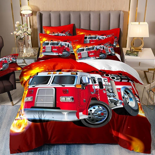 Fire Engine Truck Red Duvet Quilt Cover Pillowcase Double Bedding Set