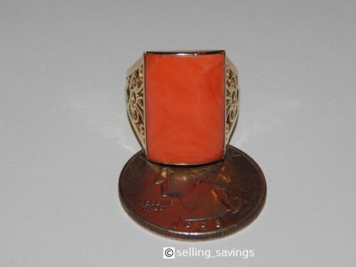 14K YELLOW GOLD LARGE CORAL FILIGREE HIGH SITTING RING -SIZE 6.75 - Picture 4 of 7