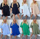 Women Gold Button Loose Fit Oversized Baggy Plus Size Swing Mini Smoke Dress UK