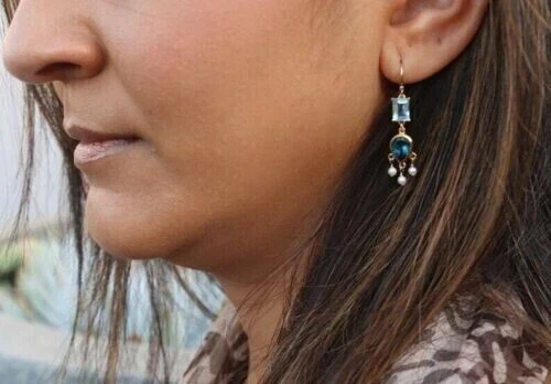 3Ct Chandelier Earrings Pear Cut Lab-Created LBT & Pearl 14K Yellow Gold Plated - Image 3 of 4