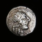 Roman Republic M. fannius C.F., 123 B.C. Silver Denarius. Head of Roma. Inv#5554