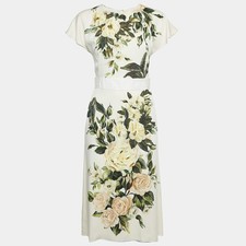 Dolce Gabbana Cream Floral Print Silk Applique Detail Short Dress S