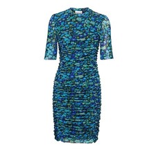 Ganni Azure Blue Floral Ruched Mesh Mini Dress Size Large/42