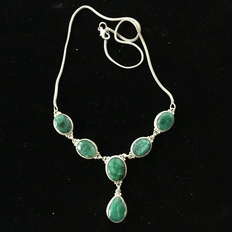 Vintage Stauer Carnaval Emerald Faceted Green Stones Sterling Silver Necklace