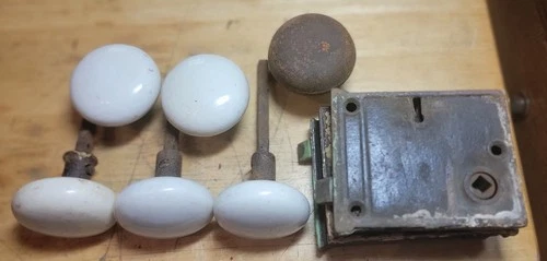 Vintage Porcelain Door knobs and 3 Door locks 1 Norwalk Pat. 1865