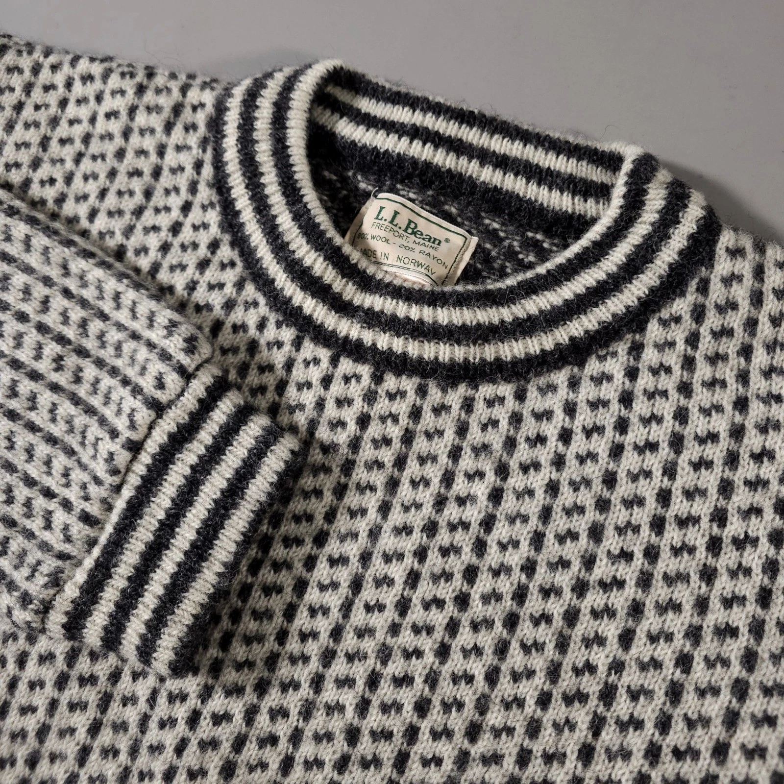 L.L. Bean Birdseye Sweater Men Medium Navy White Wool Blend Made in Norway 01751