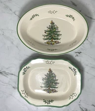 Lot of 2 Spode Christmas Tree Oval Baking Dish & Vegetable Serving Dish