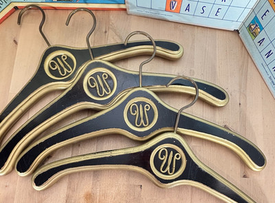 Hollywood Regency Wooden Monogrammed *W* Clothes Hangers Black & Gold Lot of 4