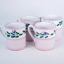 Large Caleca Hand Painted Pink Garland Set Of 4 Coffee Mugs Cups Made In Italy