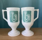 Vintage Federal Glass Danish Rooster Milk Glass Pedestal Mugs Pair Turquoise MCM