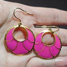 Gold tone and pink enamel dangling hoop earrings