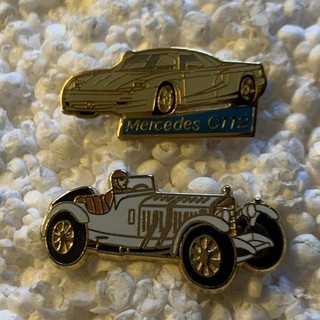 Job lot of 2 Mercedes sport C112/ssk 1927 car shaped vintage metal lapel pins