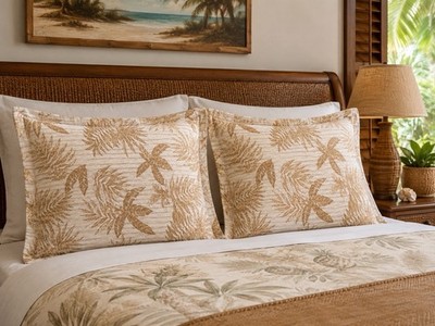 Tommy Bahama Set of 2 Standard Pillow Shams 100% Egyptian Cotton Beige Palm