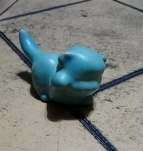 VAN BRIGGLE Pottery Ming Blue Turquoise Playful Kitty Cat KITTEN Figurine 4.5"