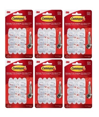 6 Pack 3M Command 6 White General Purpose Mini Hooks & 8 Adhesive Strips Each