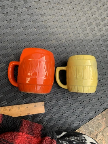 Pair Vintage Frankoma Pottery Red/Orange and Yellow Barrel Mugs #97M