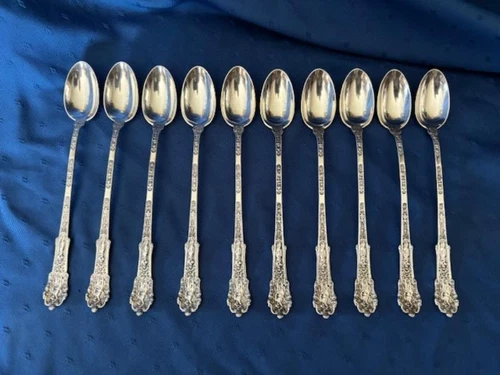 GORHAM COLIGNI C1889 STERLING 10 ICED TEASPOONS  7 3/8" "GLB" NICE