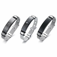 Mens Women Stainless Steel Cross Bible Mesh Band Bracelet Bangle Cuff Adjustable